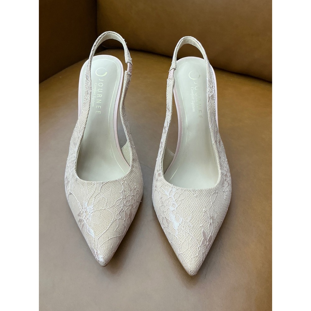 Journee Elenney Slingback Pumps Womens 9.5 Blush Pink Excellent Floral Lace Heel - Picture 3 of 8